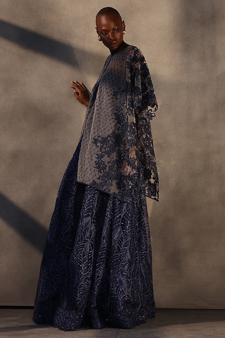 Sapphire Blue Lace Embroidered Panelled Party Wear Dress by Payal Jain at Pernia's Pop Up Shop