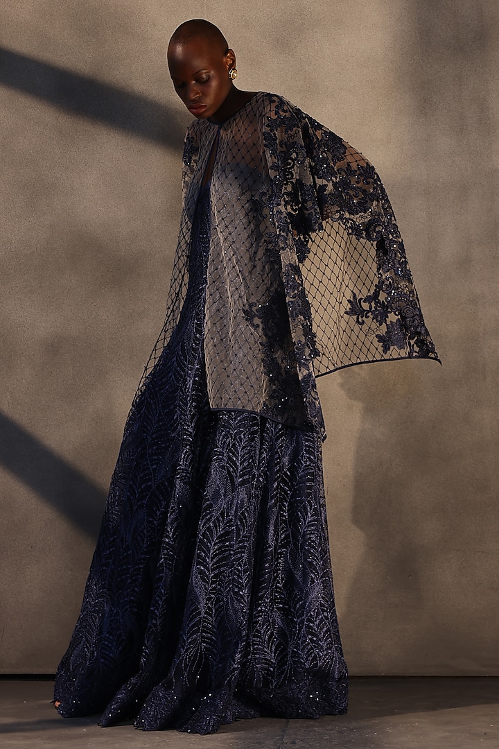 Sapphire Blue Lace Embroidered Panelled Party Wear Dress by Payal Jain at Pernia's Pop Up Shop