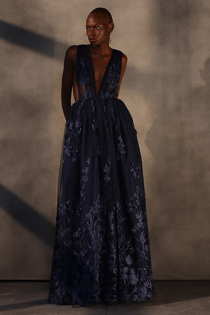 Sapphire Blue Lace Applique Maxi Party Wear Dress by Payal Jain at Pernia's Pop Up Shop