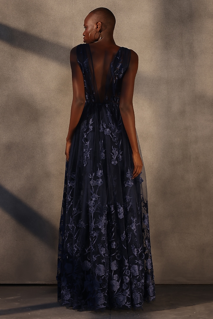 Sapphire Blue Lace Applique Maxi Party Wear Dress by Payal Jain at Pernia's Pop Up Shop