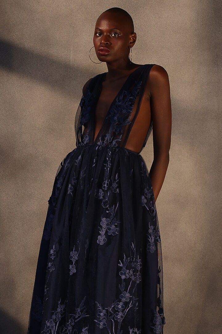 Sapphire Blue Lace Applique Maxi Party Wear Dress by Payal Jain at Pernia's Pop Up Shop