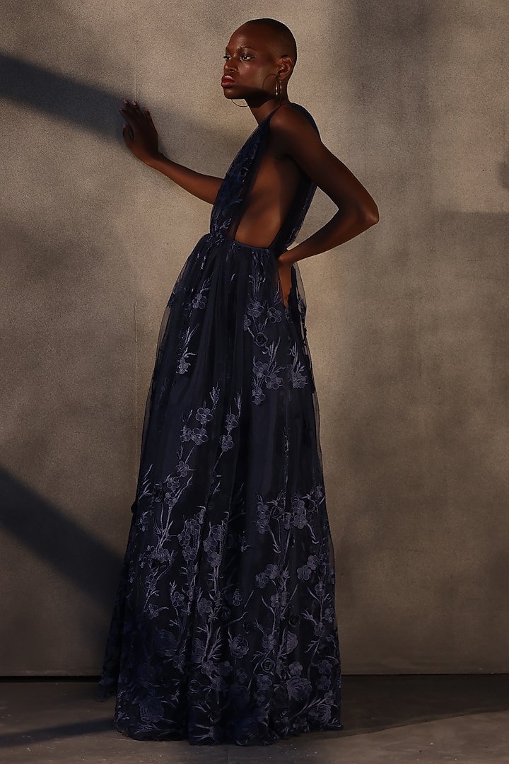 Sapphire Blue Lace Applique Maxi Party Wear Dress by Payal Jain at Pernia's Pop Up Shop