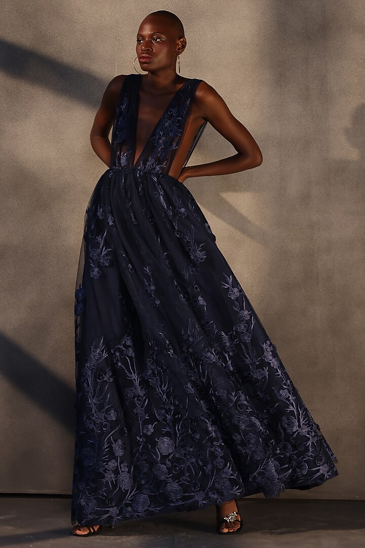 Sapphire Blue Lace Applique Maxi Party Wear Dress by Payal Jain at Pernia's Pop Up Shop