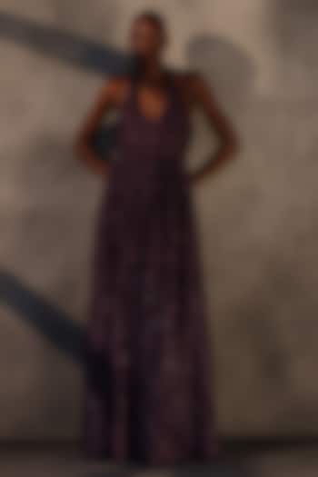 Aubergine Lace Applique Maxi Party Wear Dress by Payal Jain at Pernia's Pop Up Shop