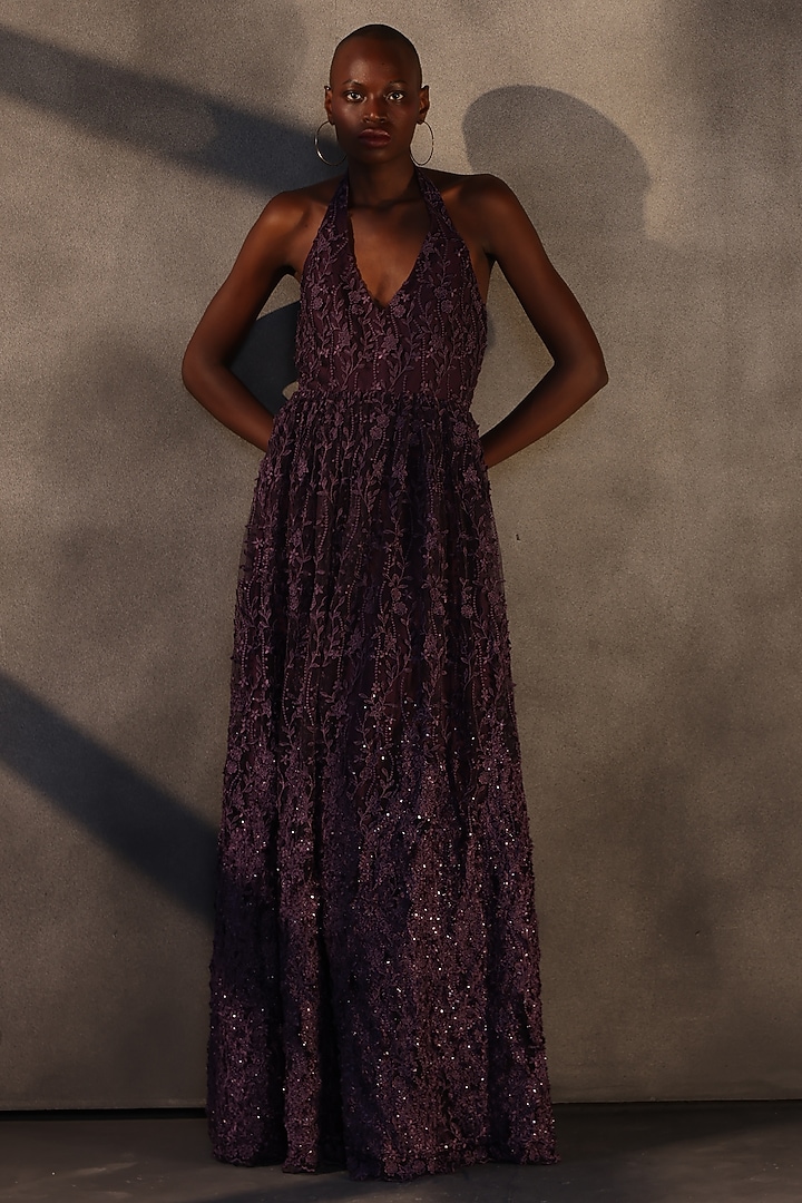 Aubergine Lace Applique Maxi Party Wear Dress by Payal Jain at Pernia's Pop Up Shop