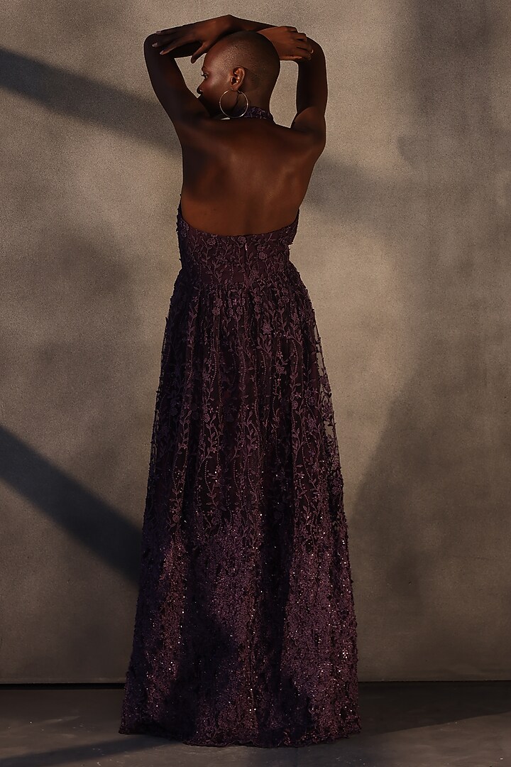 Aubergine Lace Applique Maxi Party Wear Dress by Payal Jain at Pernia's Pop Up Shop