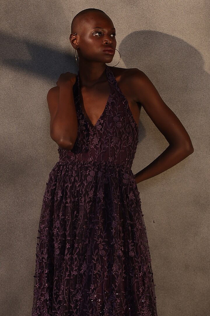Aubergine Lace Applique Maxi Party Wear Dress by Payal Jain at Pernia's Pop Up Shop