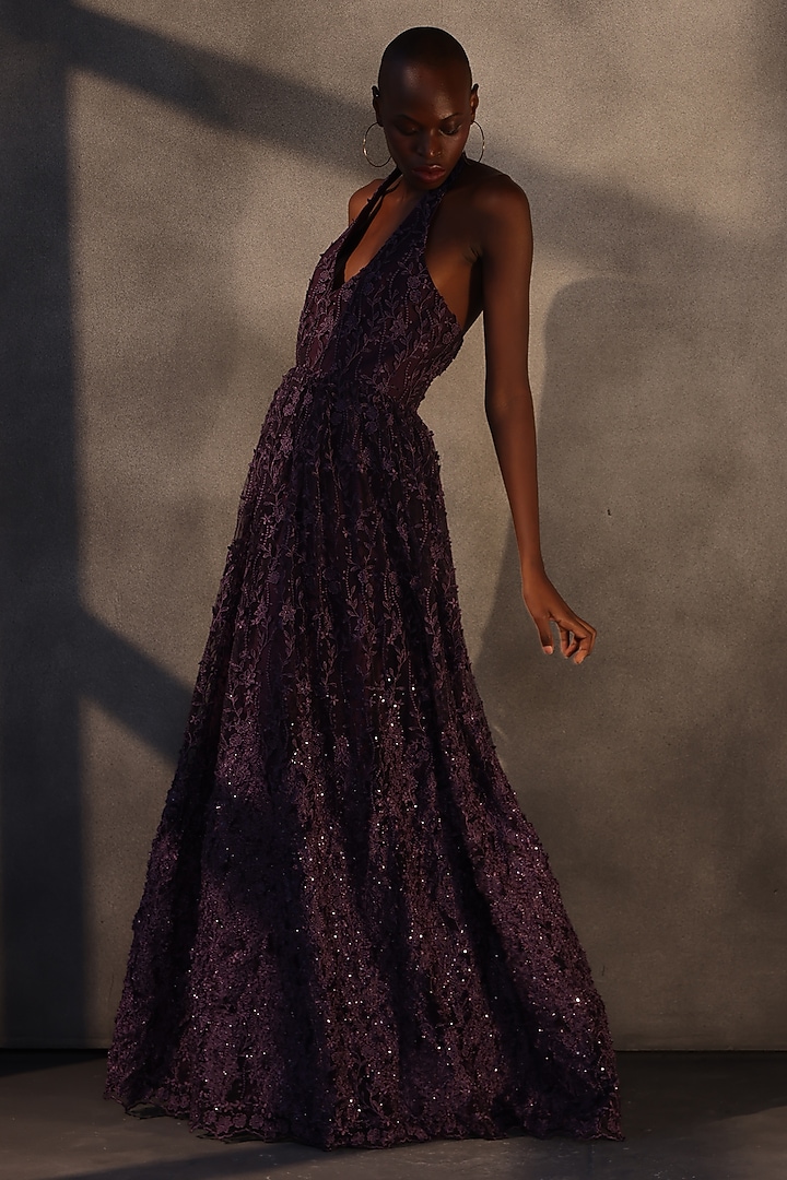 Aubergine Lace Applique Maxi Party Wear Dress by Payal Jain at Pernia's Pop Up Shop