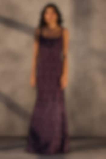 Aubergine Lace Applique Fishtail Maxi Party Wear Dress by Payal Jain at Pernia's Pop Up Shop