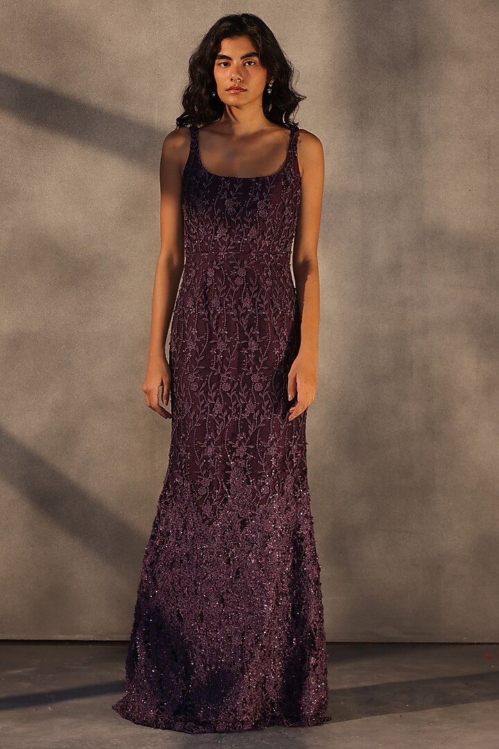 Aubergine Lace Applique Fishtail Maxi Party Wear Dress by Payal Jain at Pernia's Pop Up Shop