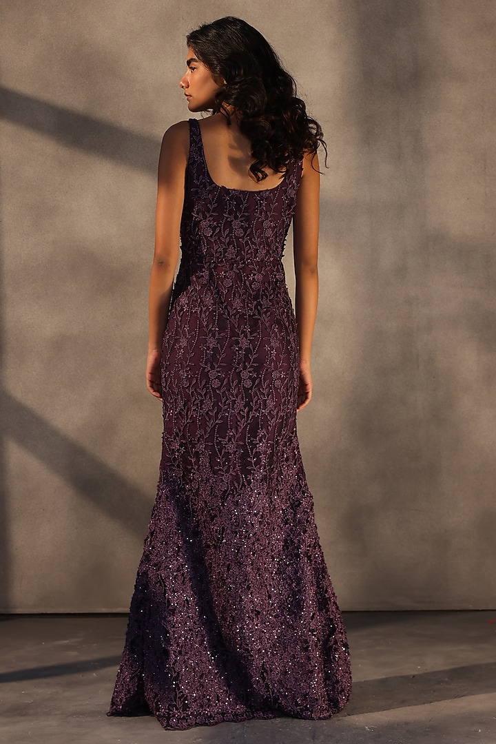 Aubergine Lace Applique Fishtail Maxi Party Wear Dress by Payal Jain at Pernia's Pop Up Shop