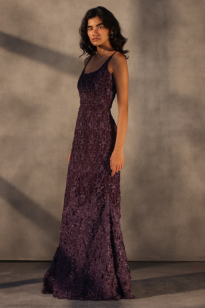 Aubergine Lace Applique Fishtail Maxi Party Wear Dress by Payal Jain at Pernia's Pop Up Shop