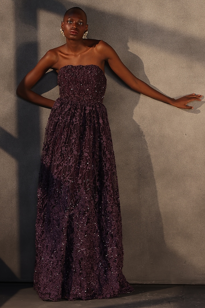 Aubergine Lace Applique Corset Maxi Party Wear Dress by Payal Jain at Pernia's Pop Up Shop