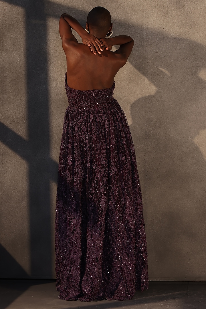 Aubergine Lace Applique Corset Maxi Party Wear Dress by Payal Jain at Pernia's Pop Up Shop