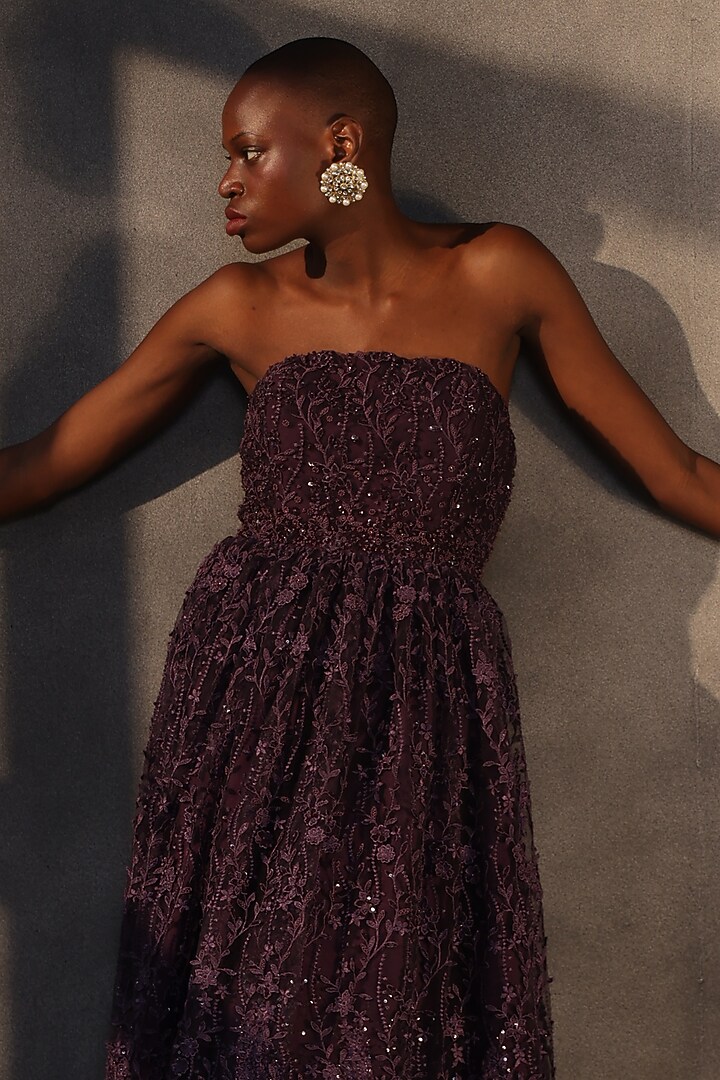 Aubergine Lace Applique Corset Maxi Party Wear Dress by Payal Jain at Pernia's Pop Up Shop