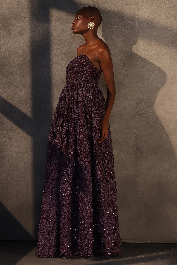 Aubergine Lace Applique Corset Maxi Party Wear Dress by Payal Jain at Pernia's Pop Up Shop