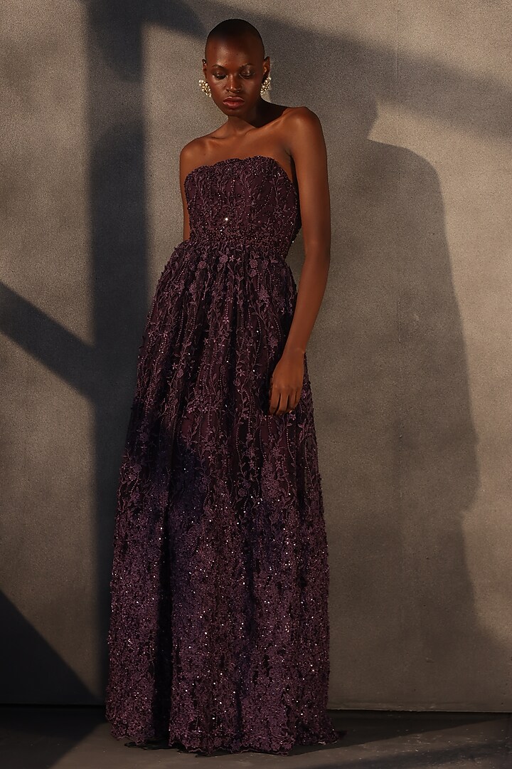 Aubergine Lace Applique Corset Maxi Party Wear Dress by Payal Jain at Pernia's Pop Up Shop