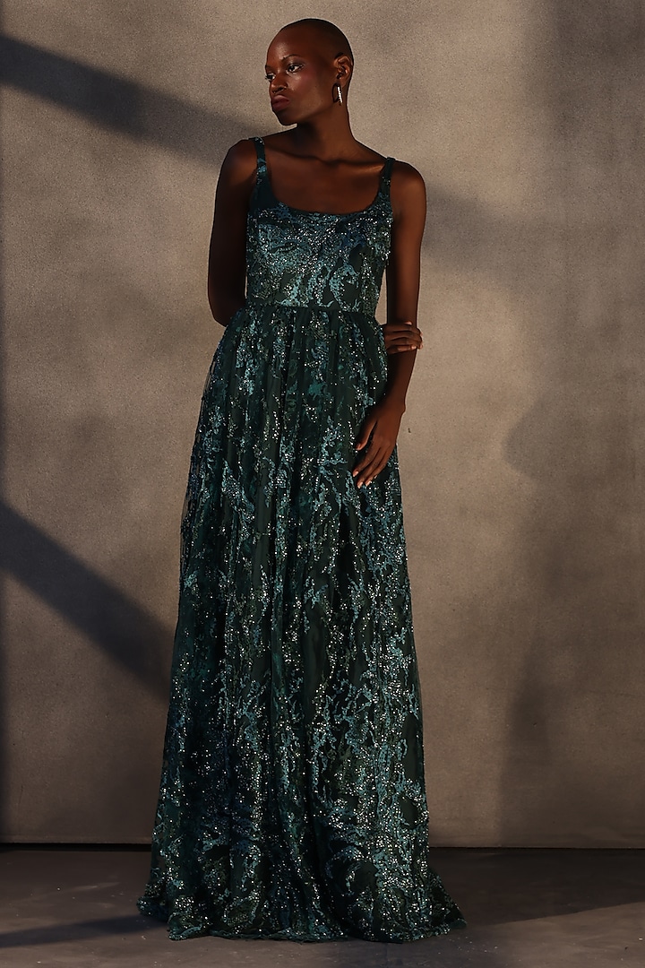 Emerald Green Lace Sequins Embroidered Maxi Party Wear Dress by Payal Jain at Pernia's Pop Up Shop