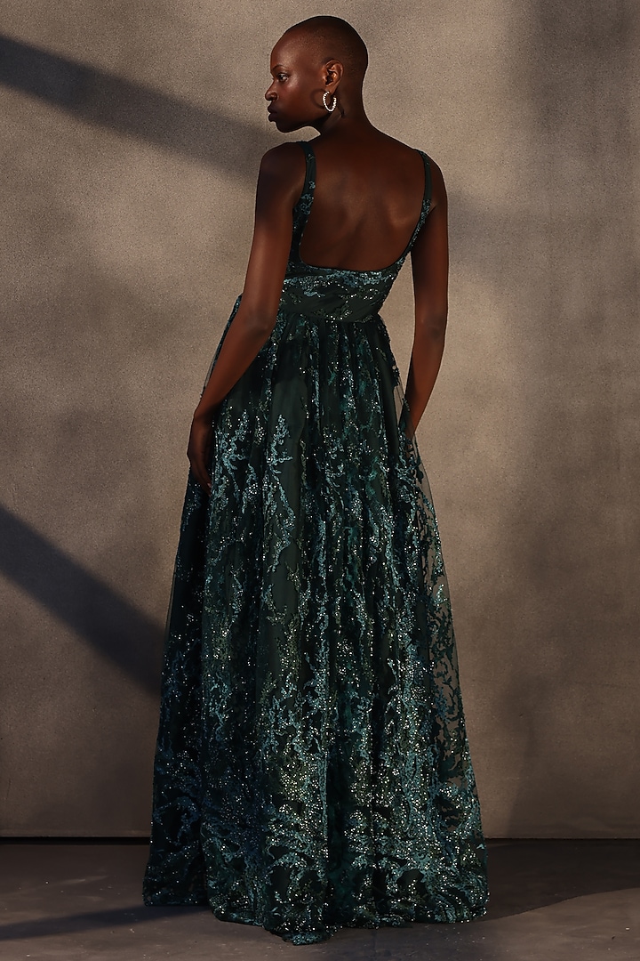 Emerald Green Lace Sequins Embroidered Maxi Party Wear Dress by Payal Jain at Pernia's Pop Up Shop