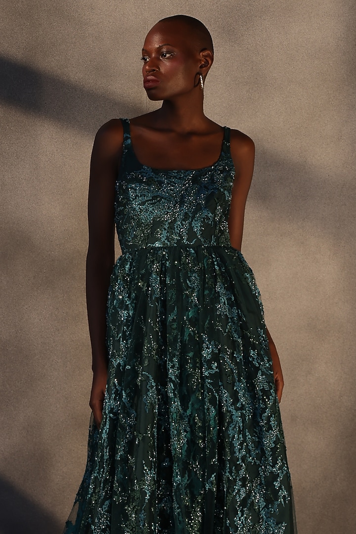 Emerald Green Lace Sequins Embroidered Maxi Party Wear Dress by Payal Jain at Pernia's Pop Up Shop