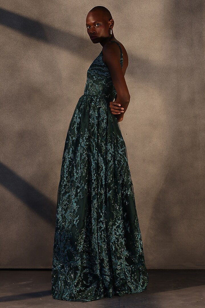 Emerald Green Lace Sequins Embroidered Maxi Party Wear Dress by Payal Jain at Pernia's Pop Up Shop