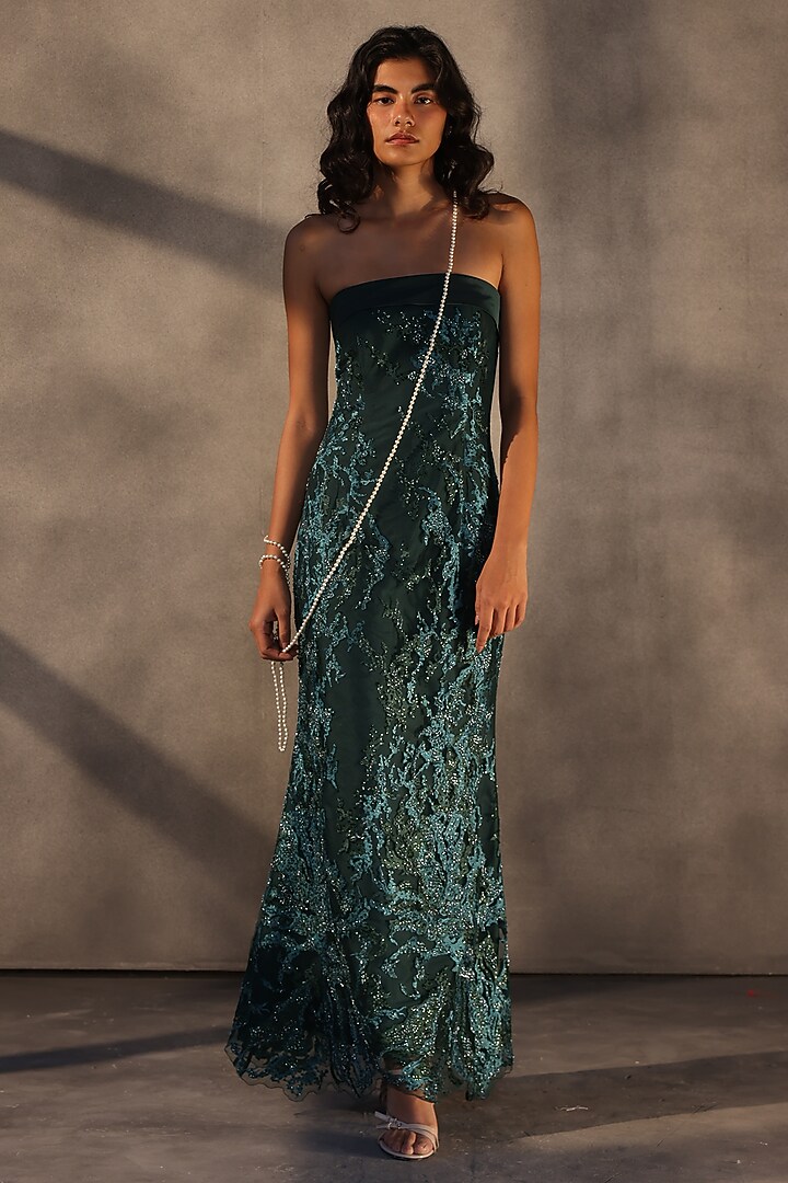 Emerald Green Lace Sequins Embroidered Corset Maxi Party Wear Dress by Payal Jain at Pernia's Pop Up Shop