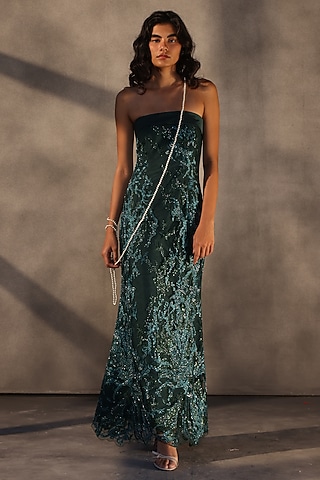 Emerald Green Lace Sequins Embroidered Corset Maxi Dress by Payal Jain