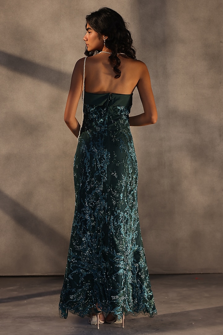 Emerald Green Lace Sequins Embroidered Corset Maxi Party Wear Dress by Payal Jain at Pernia's Pop Up Shop