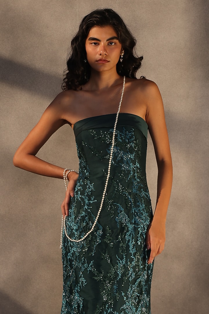 Emerald Green Lace Sequins Embroidered Corset Maxi Party Wear Dress by Payal Jain at Pernia's Pop Up Shop