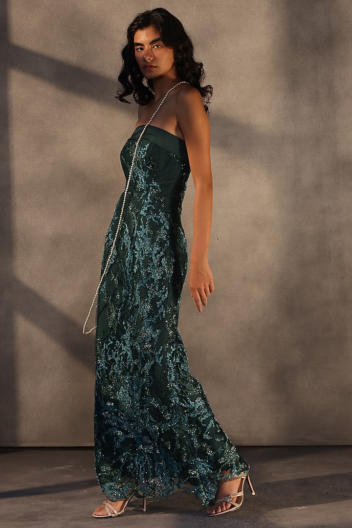 Emerald Green Lace Sequins Embroidered Corset Maxi Party Wear Dress by Payal Jain at Pernia's Pop Up Shop