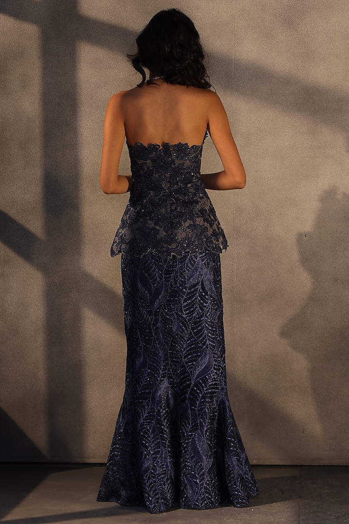 Sapphire Blue Lace Sequins Embroidered Skirt by Payal Jain at Pernia's Pop Up Shop