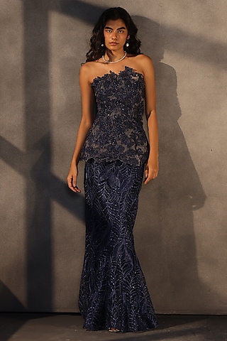 Sapphire Blue Lace Sequins Embroidered Corset by Payal Jain