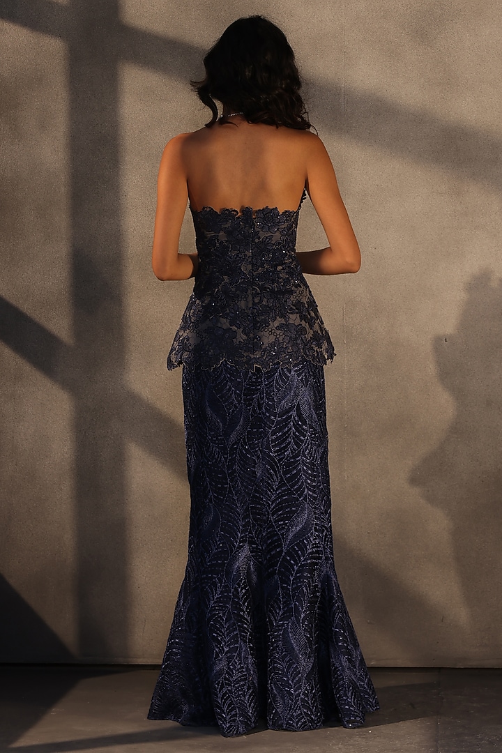 Sapphire Blue Lace Sequins Embroidered Corset by Payal Jain at Pernia's Pop Up Shop