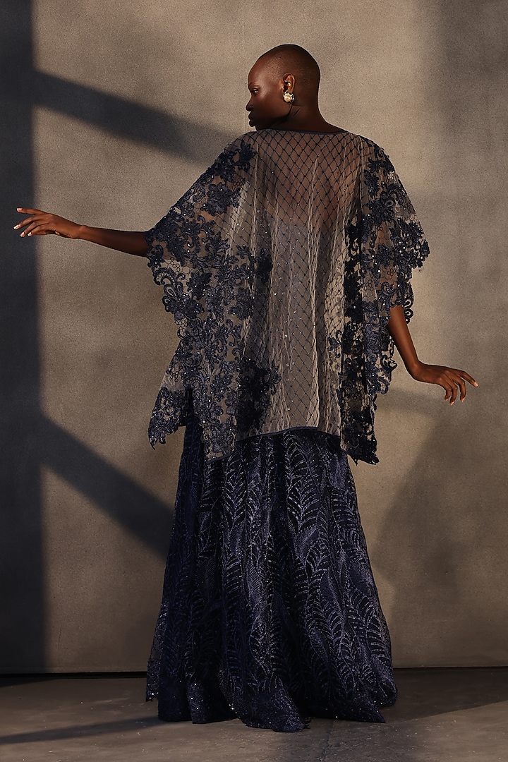 Sapphire Blue Lace Sequins Embroidered Cape by Payal Jain at Pernia's Pop Up Shop