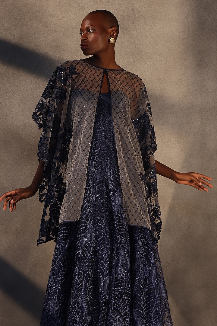 Sapphire Blue Lace Sequins Embroidered Cape by Payal Jain at Pernia's Pop Up Shop