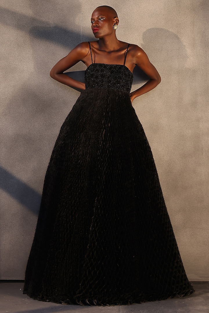 Ebony Black Taffeta Sequins Embellished Honeycomb Bridal Gown by Payal Jain at Pernia's Pop Up Shop