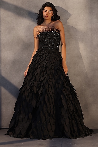 Ebony Black Taffeta Crystal Embroidered Corset Gown by Payal Jain