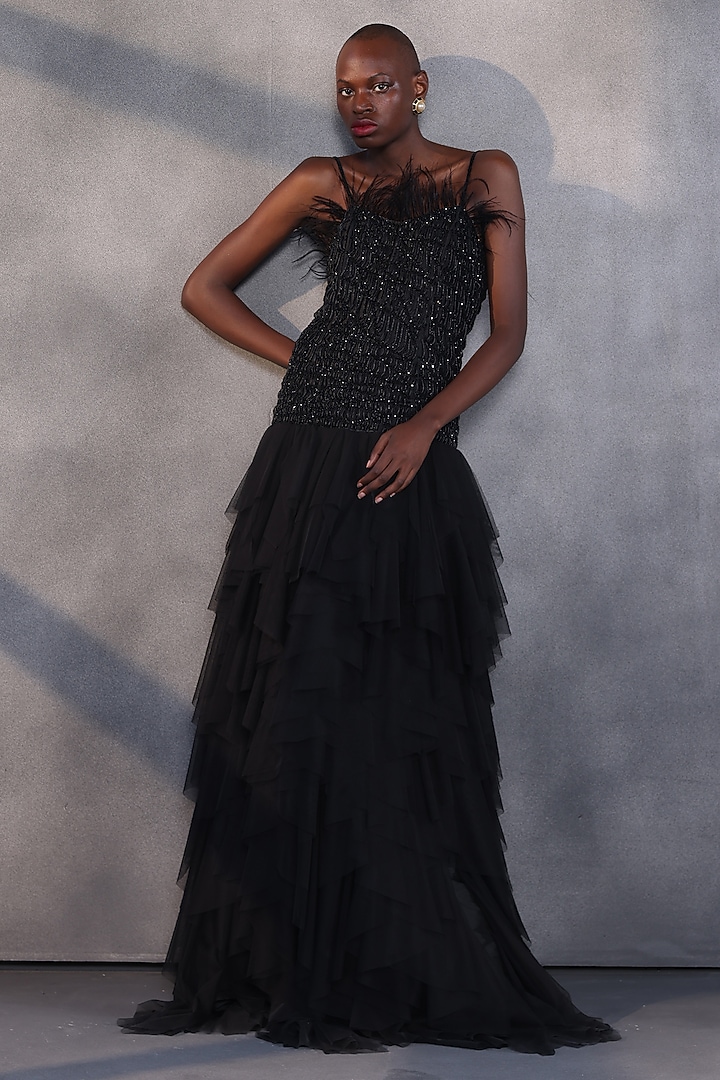 Ebony Black Taffeta Layered Corset Wedding Gown by Payal Jain at Pernia's Pop Up Shop