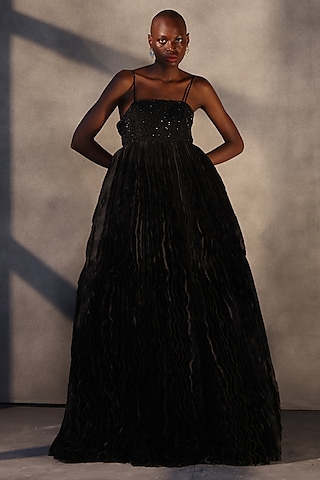 Ebony Black Taffeta Crystal Work Corset Gown by Payal Jain