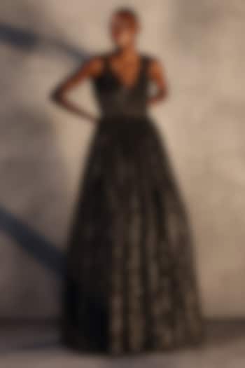 Carbon Black Lace Floral Party Wear Dress by Payal Jain at Pernia's Pop Up Shop