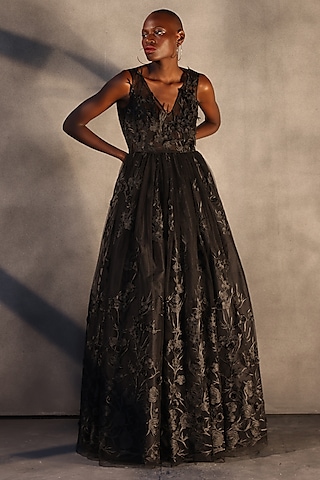 Carbon Black Lace Floral Dress by Payal Jain