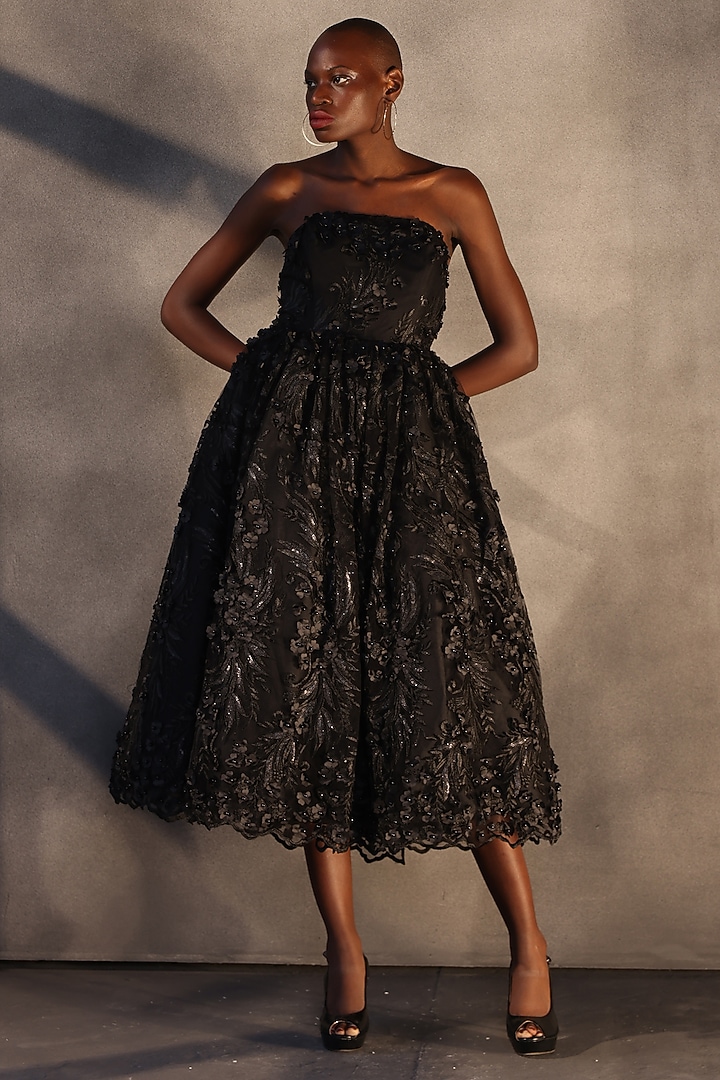 Ebony Black Lace Crystal Embroidered Corset Party Wear Dress by Payal Jain at Pernia's Pop Up Shop