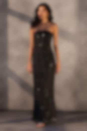 Ebony Black Taffeta Bugle Bead Embroidered Corset Party Wear Dress by Payal Jain at Pernia's Pop Up Shop