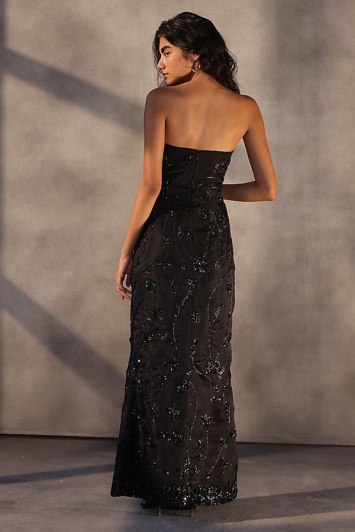Ebony Black Taffeta Bugle Bead Embroidered Corset Party Wear Dress by Payal Jain at Pernia's Pop Up Shop