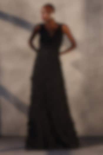 Carbon Black Guipure Lace Flared Wedding Gown by Payal Jain at Pernia's Pop Up Shop