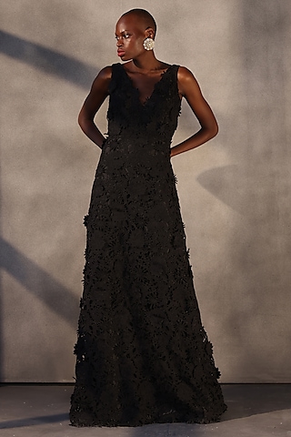 Carbon Black Guipure Lace Flared Gown by Payal Jain