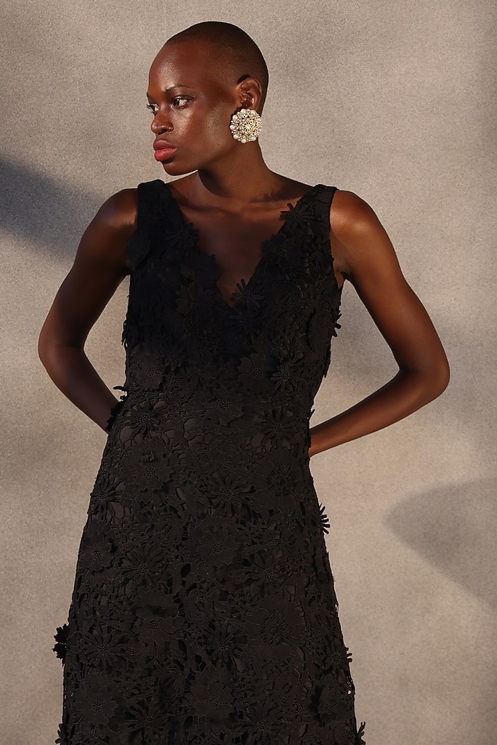 Carbon Black Guipure Lace Flared Wedding Gown by Payal Jain at Pernia's Pop Up Shop