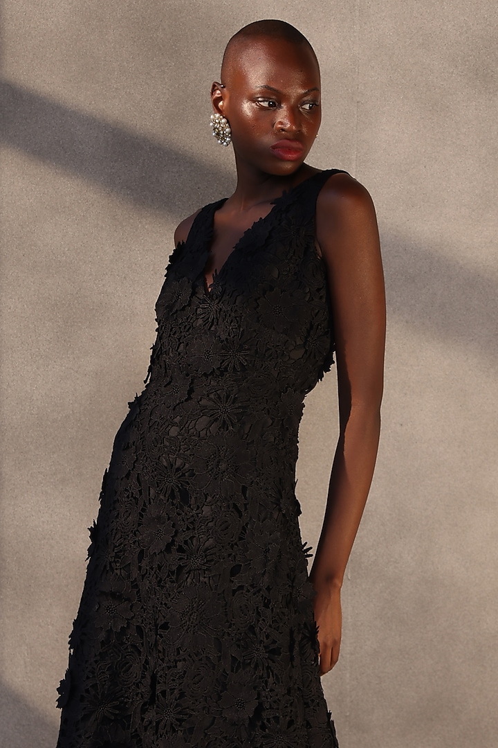 Carbon Black Guipure Lace Flared Wedding Gown by Payal Jain at Pernia's Pop Up Shop