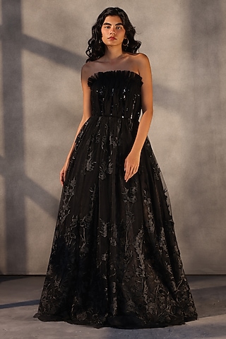 Carbon Black Lace Floral Corset Gown by Payal Jain