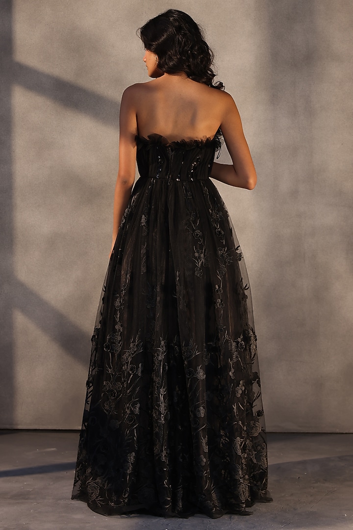Carbon Black Lace Floral Corset Wedding Gown by Payal Jain at Pernia's Pop Up Shop